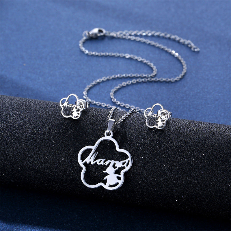 Venta al por mayor, pendientes de acero inoxidable con flor de ciruelo para el día de la madre, conjunto de joyas